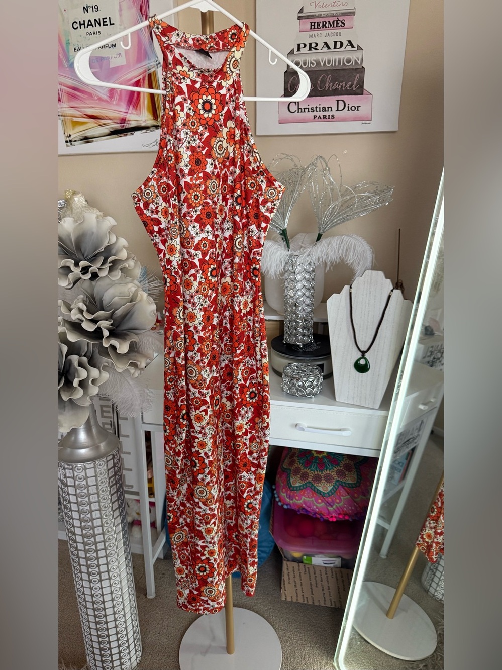 SHEIN Red and Cream Floral Maxi Dress